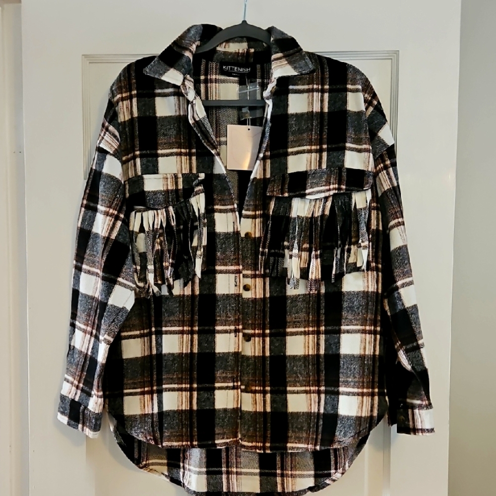 NWT! Kittenish Plaid Fringe Flannel Shacket Size Small